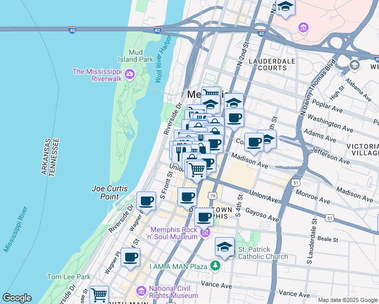 map of restaurants, bars, coffee shops, grocery stores, and more near 80 Monroe Avenue in Memphis