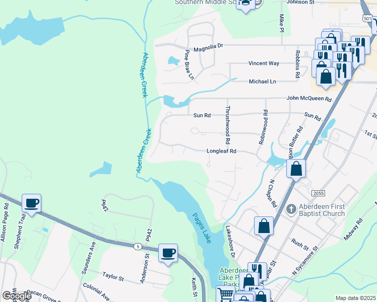 map of restaurants, bars, coffee shops, grocery stores, and more near 101 Canopy Court in Aberdeen