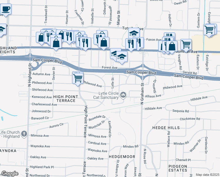 map of restaurants, bars, coffee shops, grocery stores, and more near 488 Lytle Street in Memphis