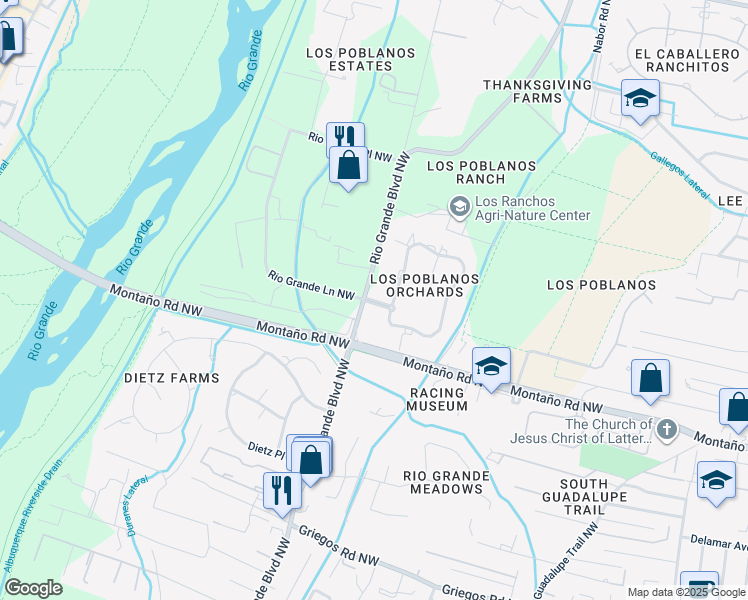 map of restaurants, bars, coffee shops, grocery stores, and more near 2101 Rio Grande Boulevard Northwest in Albuquerque