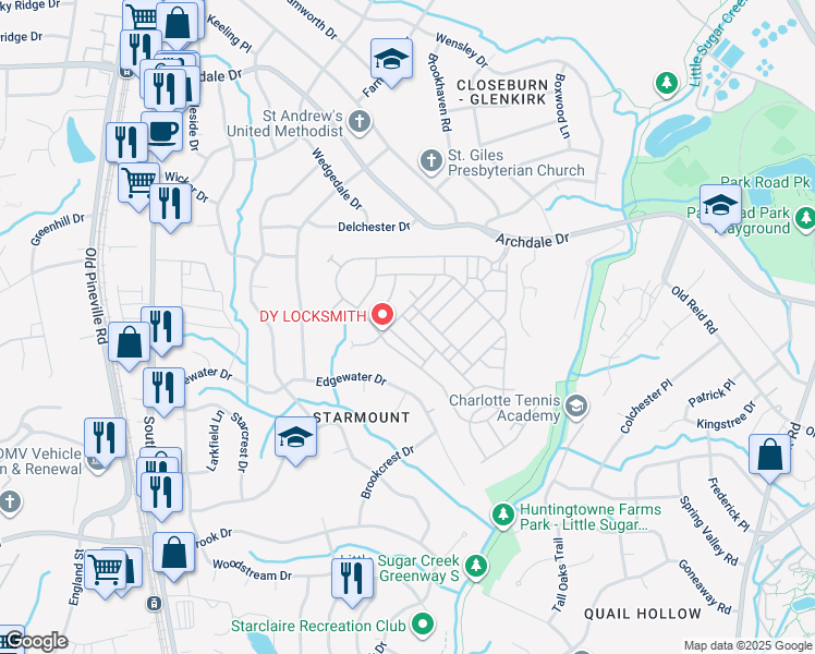 map of restaurants, bars, coffee shops, grocery stores, and more near 6252 Rockefeller Lane in Charlotte