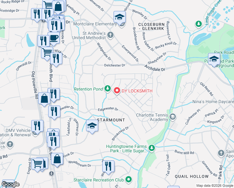 map of restaurants, bars, coffee shops, grocery stores, and more near 4784 Mount Royal Lane in Charlotte