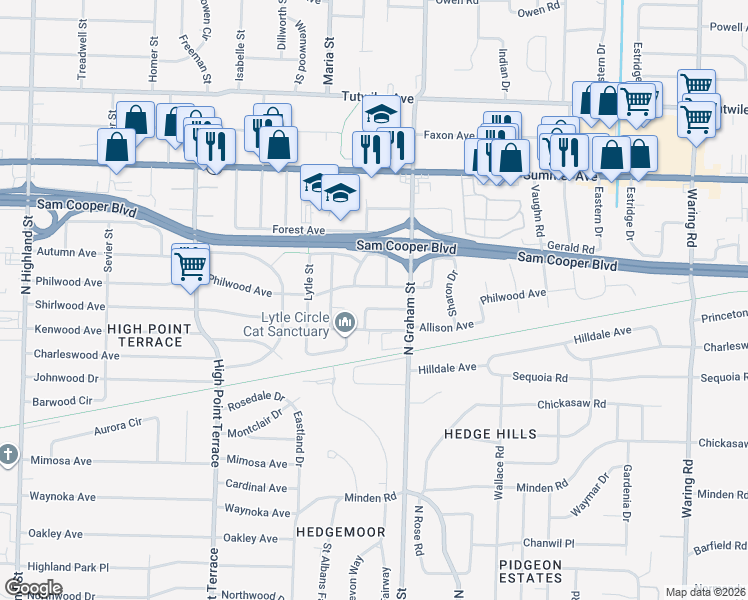 map of restaurants, bars, coffee shops, grocery stores, and more near 3943 Philwood Avenue in Memphis