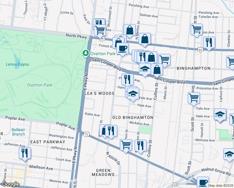 map of restaurants, bars, coffee shops, grocery stores, and more near 2469 Harvard Avenue in Memphis