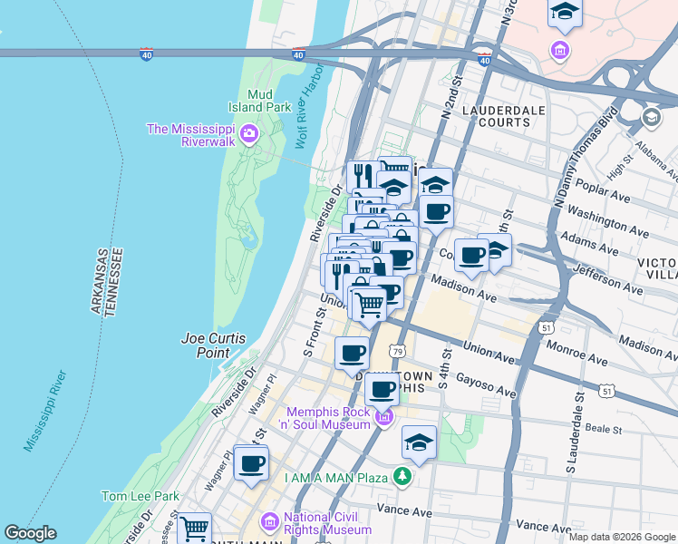 map of restaurants, bars, coffee shops, grocery stores, and more near 67 Madison Avenue in Memphis
