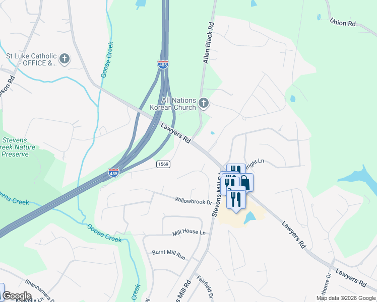 map of restaurants, bars, coffee shops, grocery stores, and more near 14400 Lawyers Road in Matthews