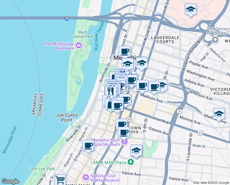 map of restaurants, bars, coffee shops, grocery stores, and more near 80 Monroe Avenue in Memphis