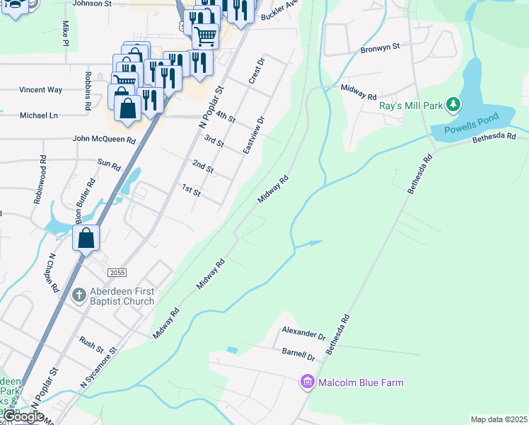 map of restaurants, bars, coffee shops, grocery stores, and more near 448 Midway Road in Aberdeen