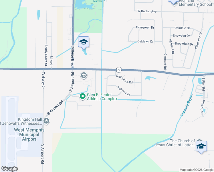 map of restaurants, bars, coffee shops, grocery stores, and more near 202 Tournament Road in West Memphis