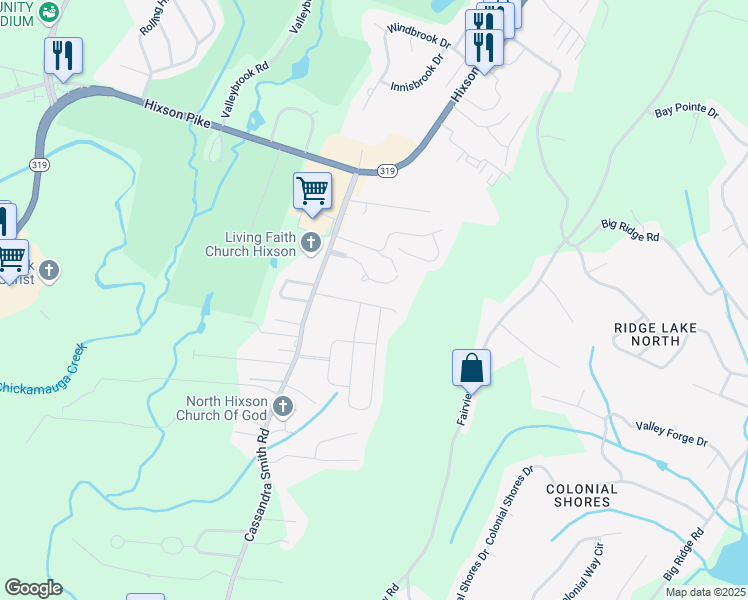 map of restaurants, bars, coffee shops, grocery stores, and more near 6278 Heritage Ridge Drive in Chattanooga