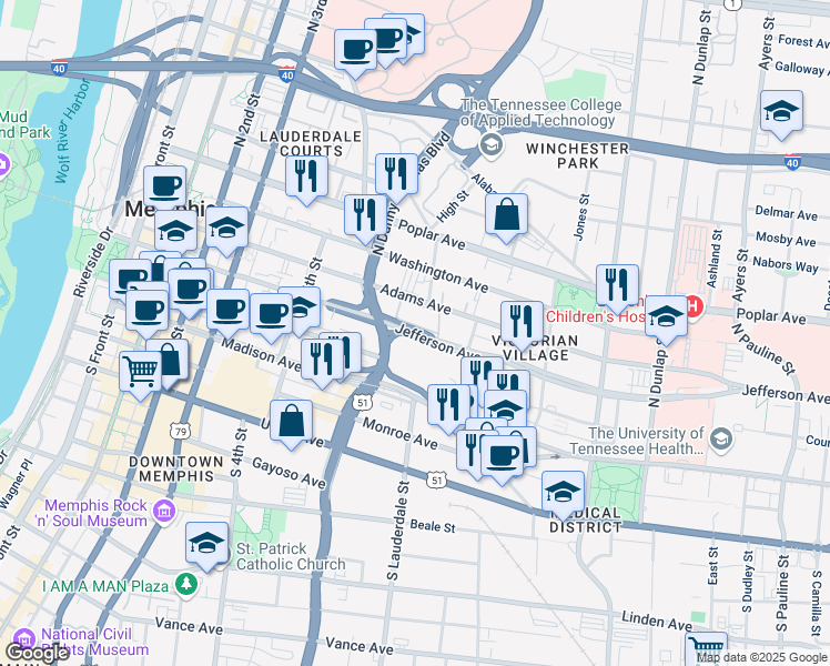 map of restaurants, bars, coffee shops, grocery stores, and more near 545 Jefferson Avenue in Memphis