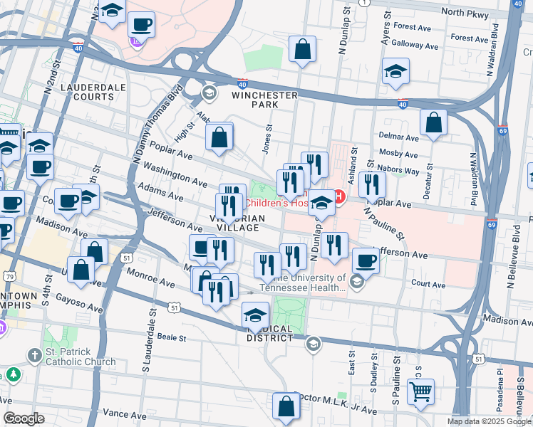 map of restaurants, bars, coffee shops, grocery stores, and more near 739 Washington Avenue in Memphis