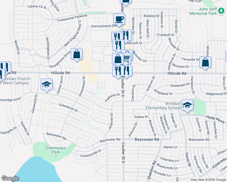 map of restaurants, bars, coffee shops, grocery stores, and more near 6200 Raintree Court in Amarillo