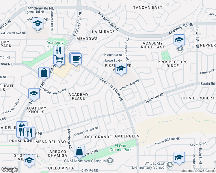 map of restaurants, bars, coffee shops, grocery stores, and more near 5525 Edwards Drive Northeast in Albuquerque