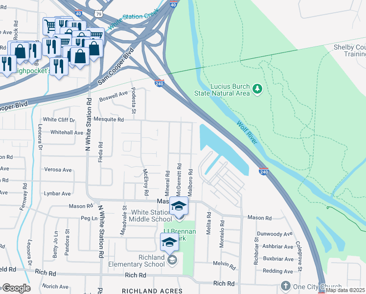 map of restaurants, bars, coffee shops, grocery stores, and more near 500 McDermitt Road in Memphis