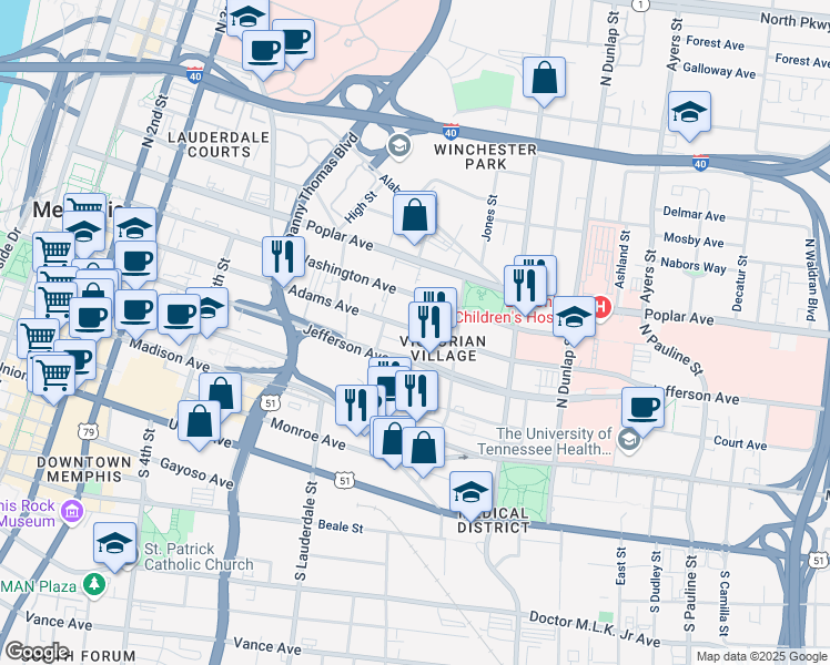 map of restaurants, bars, coffee shops, grocery stores, and more near 649 Adams Avenue in Memphis