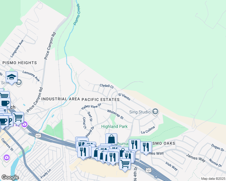 map of restaurants, bars, coffee shops, grocery stores, and more near 225 Cima De Colina in Pismo Beach