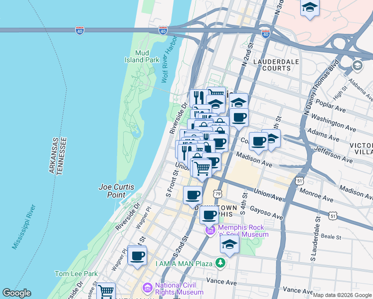 map of restaurants, bars, coffee shops, grocery stores, and more near 66 Monroe Avenue in Memphis