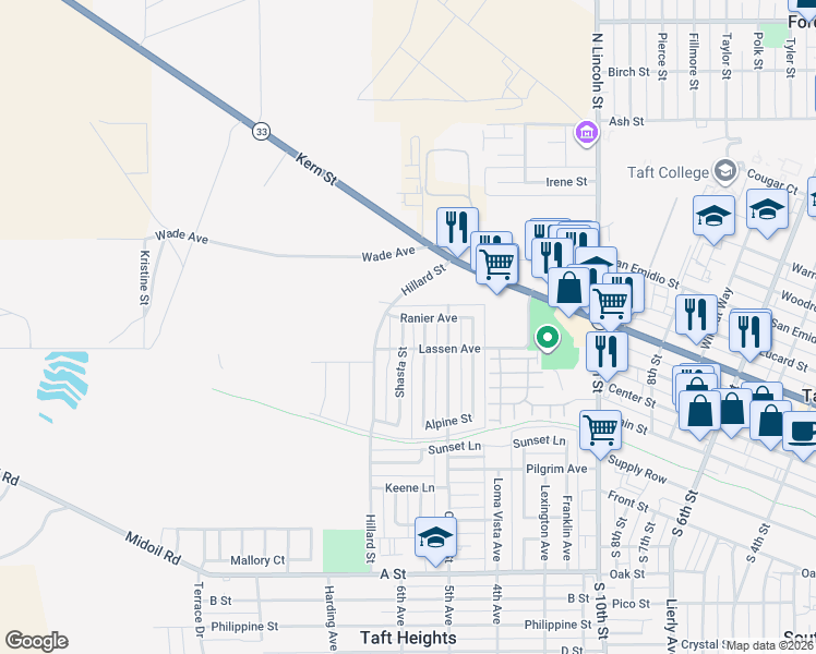 map of restaurants, bars, coffee shops, grocery stores, and more near 509 McKinley Street in Taft