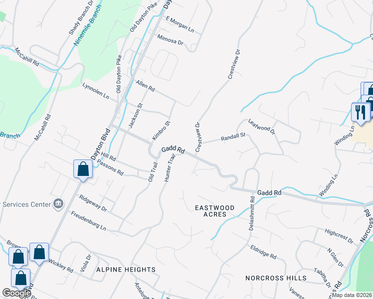 map of restaurants, bars, coffee shops, grocery stores, and more near 419 Gadd Road in Chattanooga