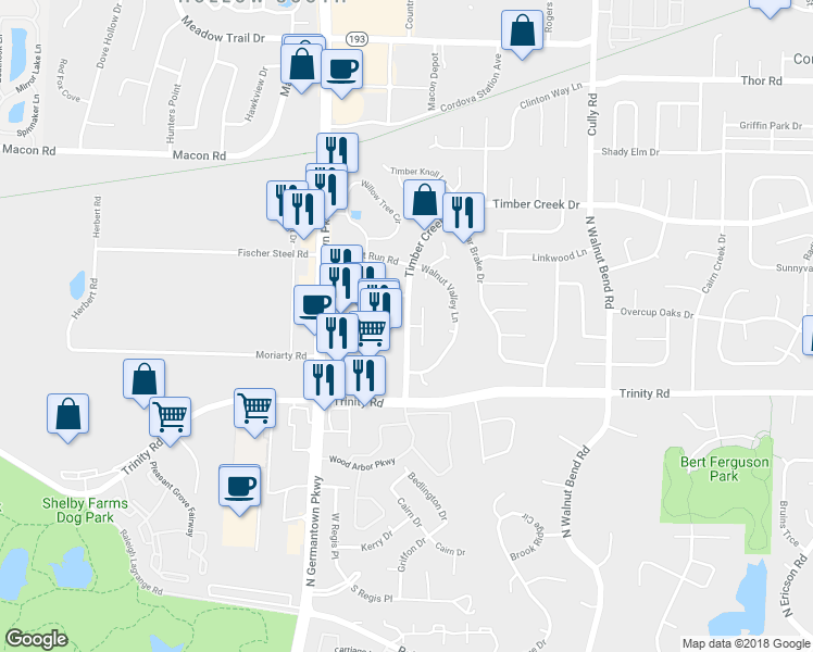 map of restaurants, bars, coffee shops, grocery stores, and more near 740 Timber Creek Drive in Memphis