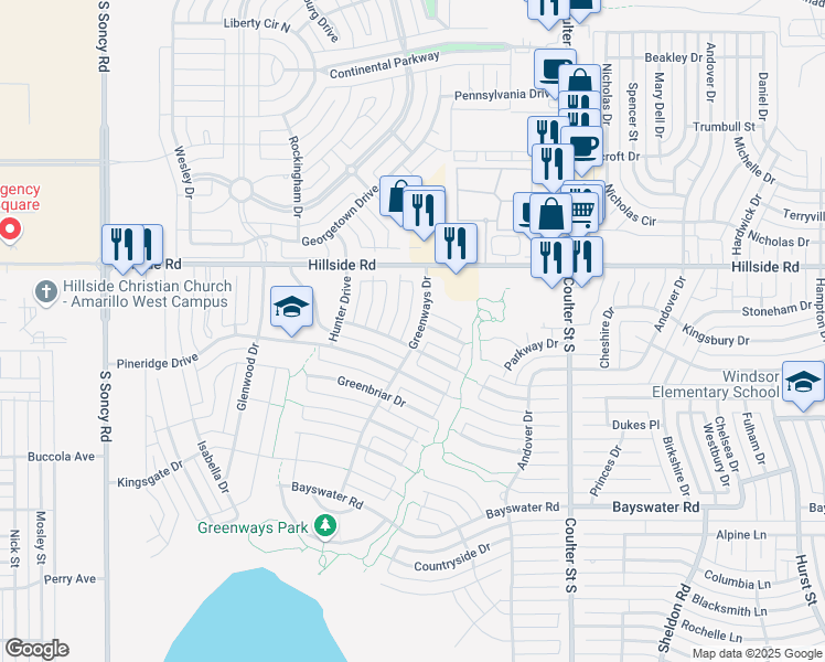 map of restaurants, bars, coffee shops, grocery stores, and more near 6026 Greenways Drive in Amarillo