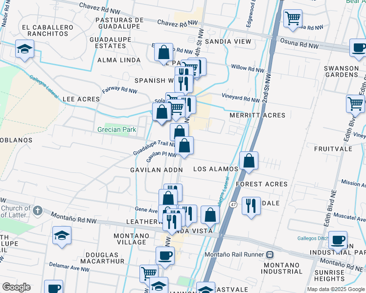 map of restaurants, bars, coffee shops, grocery stores, and more near 4th Street Northwest & Guadalupe Trail Northwest in Albuquerque