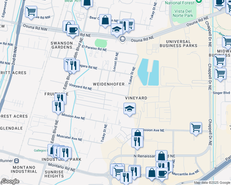 map of restaurants, bars, coffee shops, grocery stores, and more near 631 Vineyard Road Northeast in Albuquerque