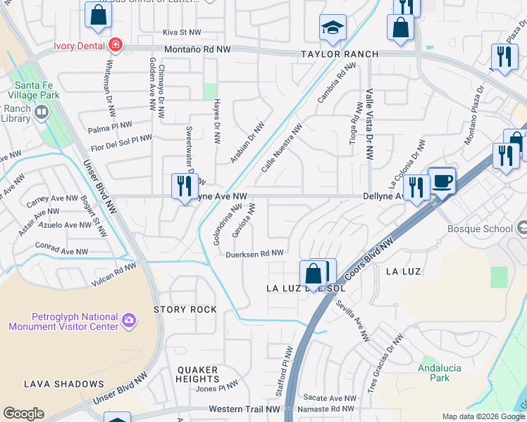 map of restaurants, bars, coffee shops, grocery stores, and more near 5543 Camino Viento Northwest in Albuquerque
