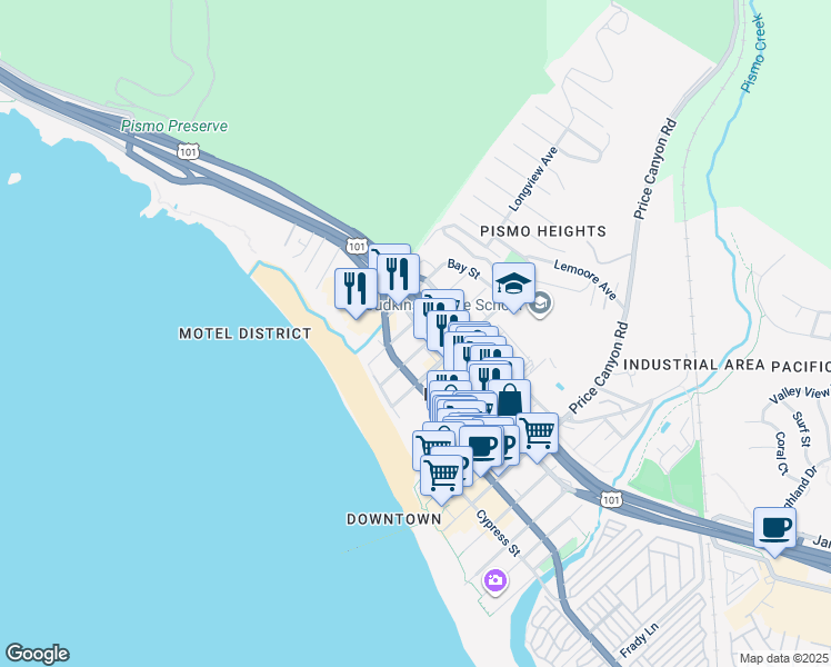 map of restaurants, bars, coffee shops, grocery stores, and more near 1250 Price Street in Pismo Beach