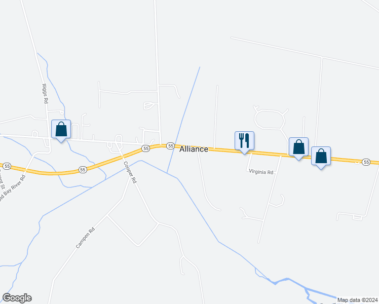 map of restaurants, bars, coffee shops, grocery stores, and more near 390 Mill Pond Road in Bayboro