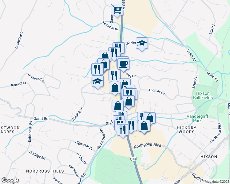 map of restaurants, bars, coffee shops, grocery stores, and more near 5519 Tennessee 153 in Chattanooga