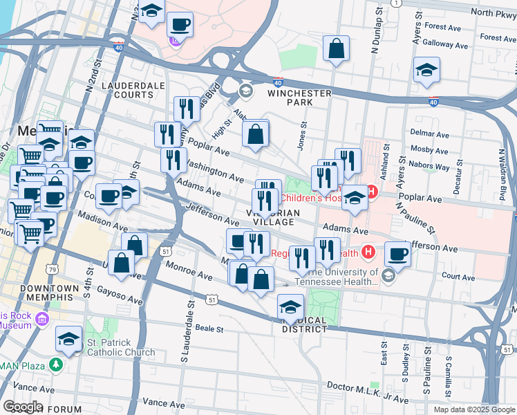 map of restaurants, bars, coffee shops, grocery stores, and more near 649 Adams Avenue in Memphis