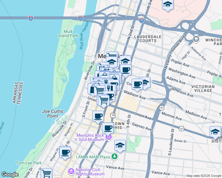map of restaurants, bars, coffee shops, grocery stores, and more near 83 Madison Avenue in Memphis