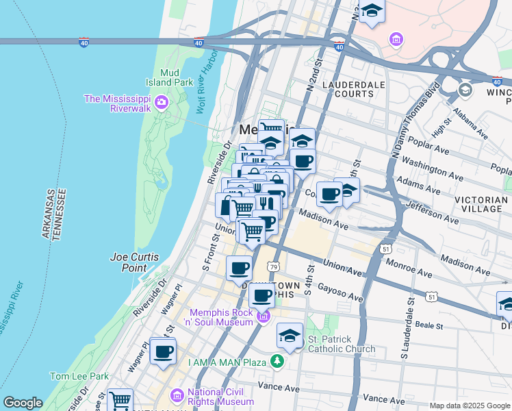 map of restaurants, bars, coffee shops, grocery stores, and more near 83 Madison Avenue in Memphis