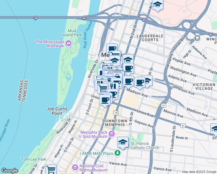 map of restaurants, bars, coffee shops, grocery stores, and more near 83 Madison Avenue in Memphis