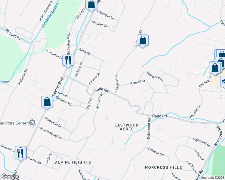 map of restaurants, bars, coffee shops, grocery stores, and more near 419 Gadd Road in Chattanooga