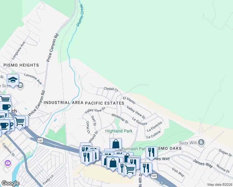 map of restaurants, bars, coffee shops, grocery stores, and more near 225 Cima De Colina in Pismo Beach
