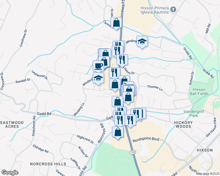map of restaurants, bars, coffee shops, grocery stores, and more near 449 Berean Lane in Chattanooga