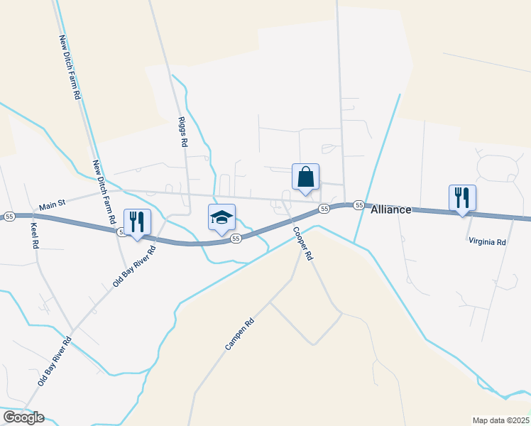 map of restaurants, bars, coffee shops, grocery stores, and more near 860 Main Street in Bayboro