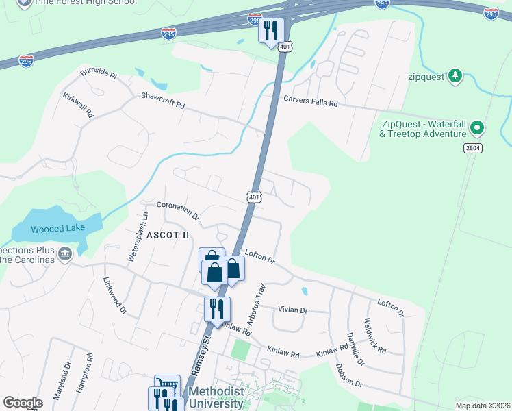 map of restaurants, bars, coffee shops, grocery stores, and more near 6000 Ramsey Street in Fayetteville