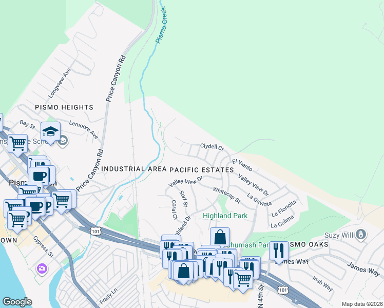 map of restaurants, bars, coffee shops, grocery stores, and more near 201 Miguelito Lane in Pismo Beach