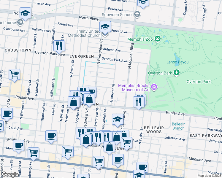 map of restaurants, bars, coffee shops, grocery stores, and more near 1756 Lawrence Avenue in Memphis