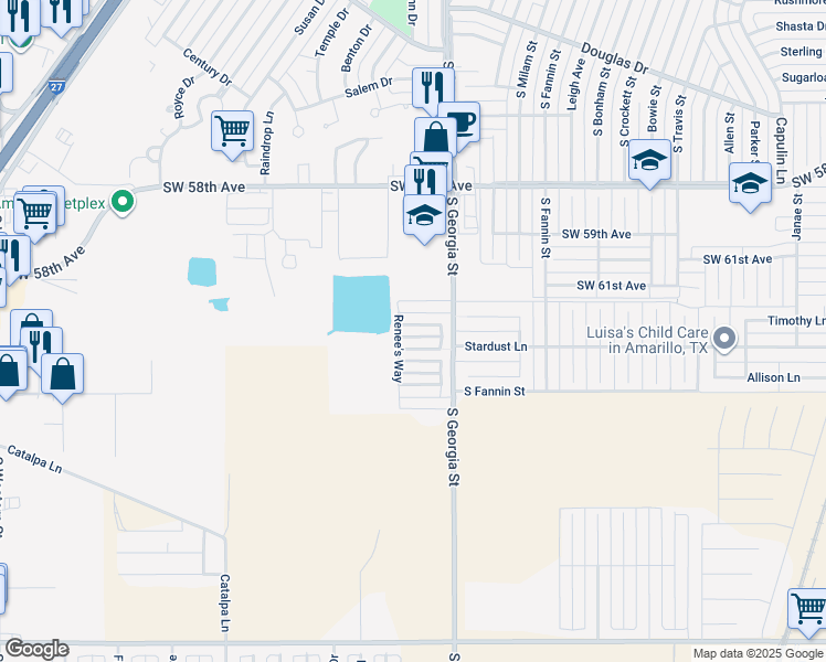 map of restaurants, bars, coffee shops, grocery stores, and more near 2802 Emily Place in Amarillo