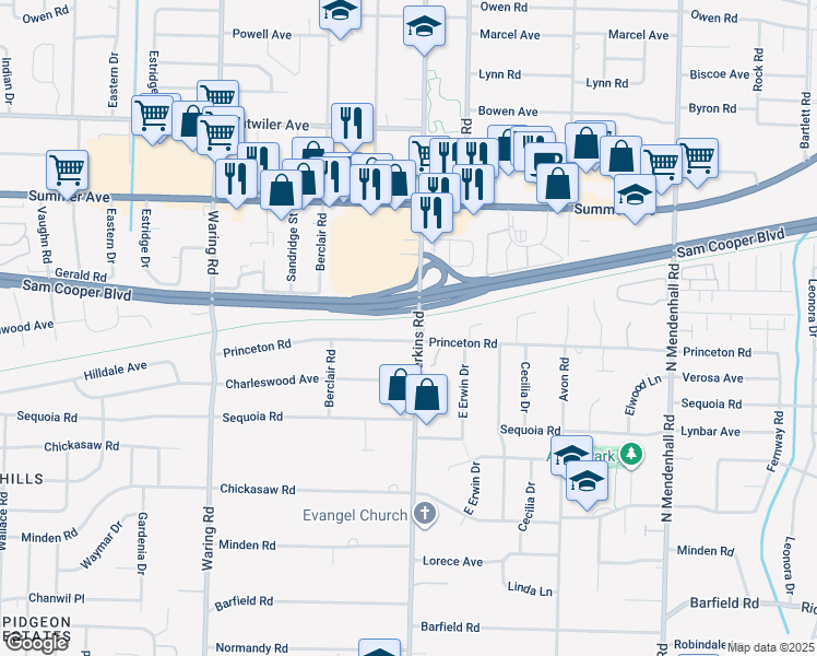 map of restaurants, bars, coffee shops, grocery stores, and more near 4580 Princeton Road in Memphis
