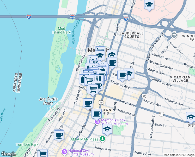 map of restaurants, bars, coffee shops, grocery stores, and more near 83 Madison Avenue in Memphis
