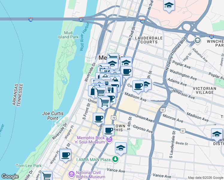 map of restaurants, bars, coffee shops, grocery stores, and more near 127 Madison Avenue in Memphis