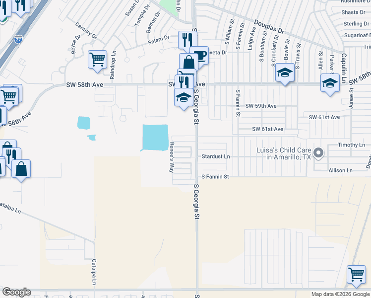 map of restaurants, bars, coffee shops, grocery stores, and more near 2703 Steve's Way in Amarillo