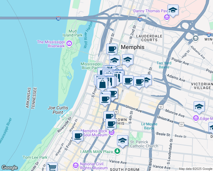map of restaurants, bars, coffee shops, grocery stores, and more near 12 South Main Street in Memphis
