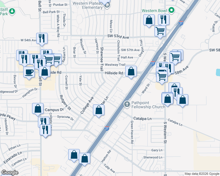map of restaurants, bars, coffee shops, grocery stores, and more near 6104 Shawnee Trail in Amarillo